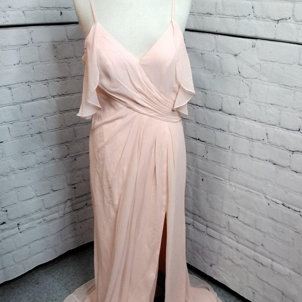 May Queen Couture Blush Chiffon Flounce Off Shoulder Rouched Gown